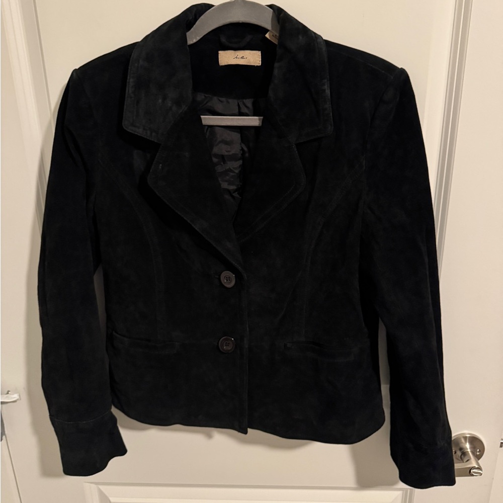 Vintage black suede women jacket, Sz L retro 100% leather blazer,slightly padded
